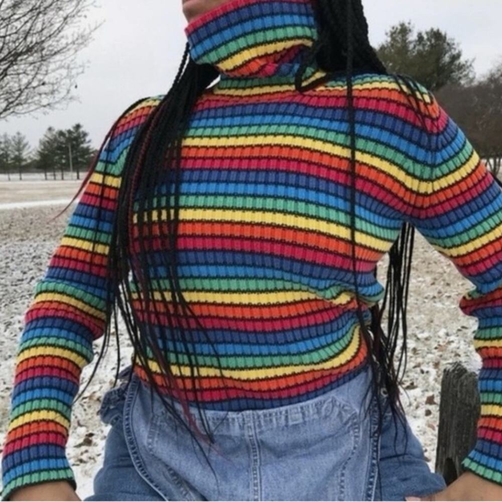 Tommy Hilfiger Rainbow Striped Turtleneck Sweater Large Vintage Y2K - Picture 2 of 8